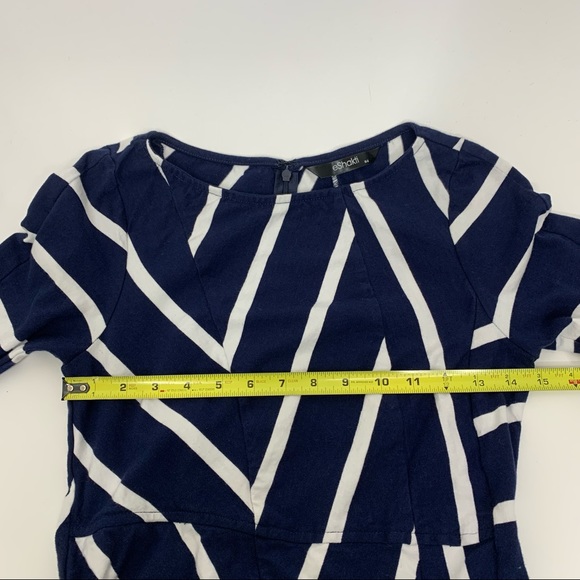 EShakti Asymmetrical White Striped Navy Cotton Spandex Flared Dress W/ Sleeves - Picture 15 of 16